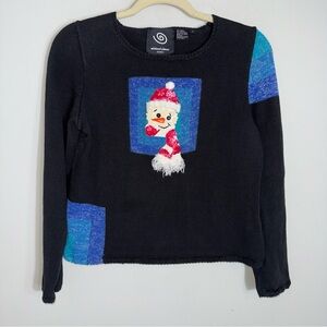 Michael Simon Event Vintage Sweater-Sequin Snowman-Black-Size Medium